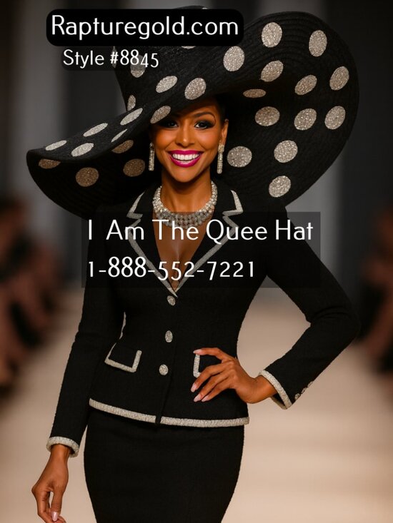 I Am The Queen Church Hat Style 8845 – Black & Silver Polka Dot Couture Wide-Bri